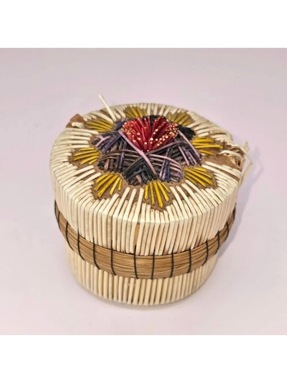 Vintage Native American Porcupine Quill Basket Handwoven Colorful BA213i